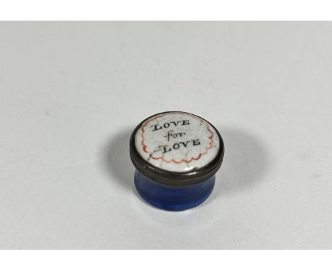 A 19thc Bilston style enamel circular patch box with Love for Love enamelled to top, slight crazing and crackling to glaze, b