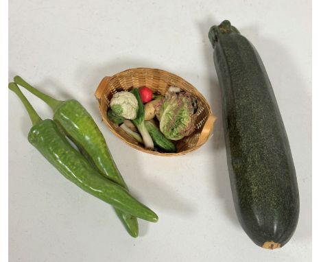 A miniature basket with lettuce, leeks, head of cauliflower, parsnips, two large green chili peppers (L: 14cm) and a ceramic 