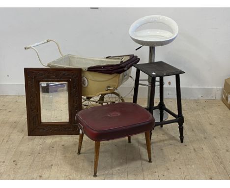 A grouped lot of furniture to include; A contemporary bar stool (H86cm) a Silver cross pram (L102cm) an early 20th century oa