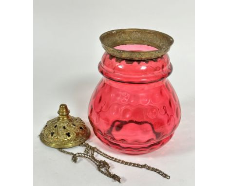 An Edwardian dimpled cranberry glass baluster hall lantern light shade with brass chased mounted top complete with chains and