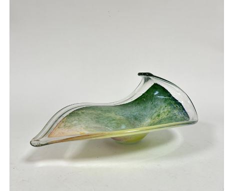 A cased art glass boteh shaped leaf dish with clear border, green, blue, yellow and orange glass centre panel, (19cm x 40cm x