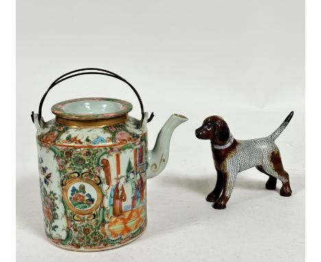 A late 19tch Chinese Canton enamelled cylinder teapot with twin metal handles to top, decorated with panels depicting figures