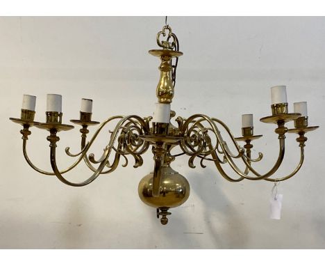 A Dutch style brass chandelier, the central column issuing eight scrolled branches D86cm