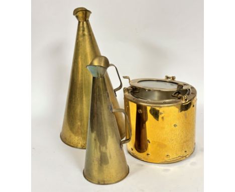 Two brass loud hailers of conical form with mouth pieces and handles to side, (h: 51cm x 27.5cm, h: 38cm x 15cm) porthole sty