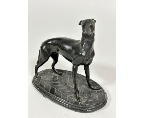 A spelter model of an Italian greyhound, raised on oval cast base, unsigned, (12cm x 13cm x 7cm)