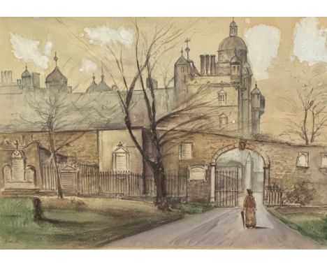 W Kerr, Holyrood Palace, pencil sketch highlighted with watercolour, signed bottom left, gilt composition mounted frame, (26c