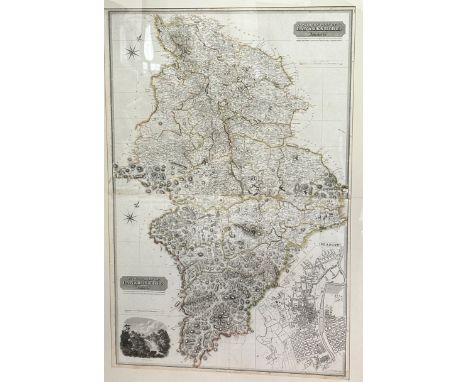 A 19thc print of The Southern Part of Lanarkshire, highlighted with colour, two sections, glazed ebonised mounted frame