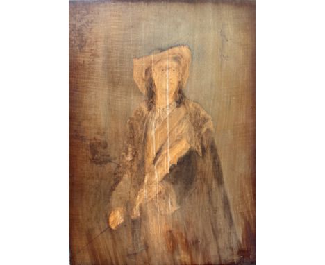 T Claton, Figure of a Violinist with Hat, Sash and Cloak, oil wash on wooden panel, outlined in pencil, signed bottom left T 