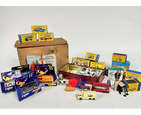 A collection of Matchbox Lensey model vehicles including a van, a Greyhound bus, a VW caravanette, a horse box, a Jaguar, Air