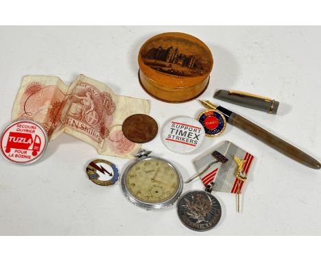 A Ten Shilling note, a Holyrood Palace circular treen mauchline style box, a Zentro stainless steel open faced pocket watch, 