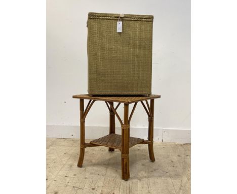 A lloyd loom style laundry basket, (H59cm) together with a 1970's bamboo two tier lamp table, (H55cm)