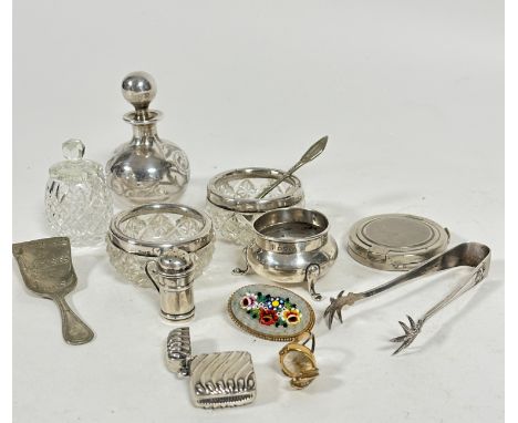 A Chester silver cauldron salt raised on pad feet, missing liner, an overlaid white metal glass bulbous perfume bottle, a cry