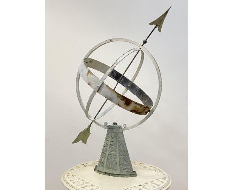 A Vintage wrought iron and copper armillary sundial, the base with signs of the zodiac, H79cm