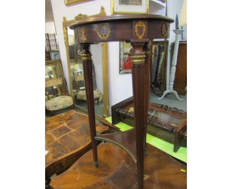 FRENCH VASE STAND, mahogany 2 tier vase stand on tapering fluted legs and applied gilt metal mounts, 15" dia 