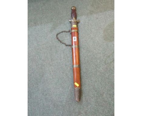 EASTERN WEAPONS, Chinese brass detailed double edged sword in original scabbard and carved grip, 17.5" blade length 