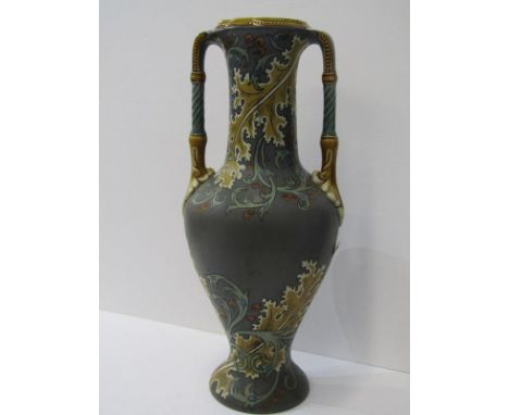 METTLACH VASE, twin handled 13.5 vase, decorated with attractive foliate design, model 2414 