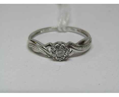 9ct WHITE GOLD DIAMOND SOLITAIRE RING, pretty cross over design, diamond of good colour, size M/O 