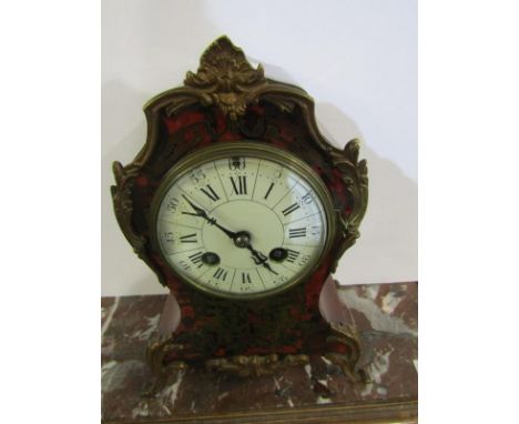 BOULLE CLOCK, brass inlaid French style bracket clock with bar strike and foliate scroll feet, 10" height 
