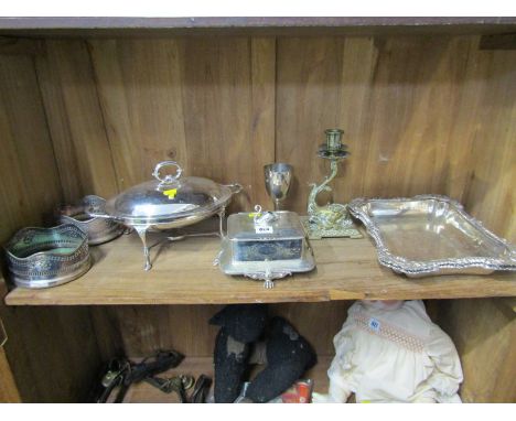 SILVERPLATE, pair of pierced edge decanter coasters, sardine dish &amp; contents of shelf 