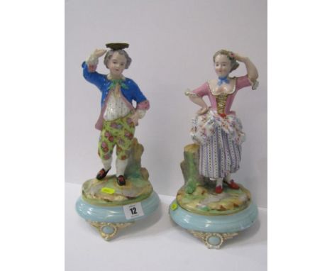 FRENCH PORCELAIN FIGURES, pair of 19th Century circular turquoise base figures, adapted as lamp bases, 11.5" height 
