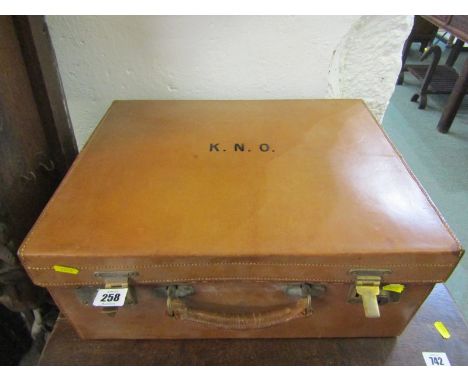 VINTAGE LUGGAGE, satin lined leather vanity case, initialled K.M.O. 18" width 