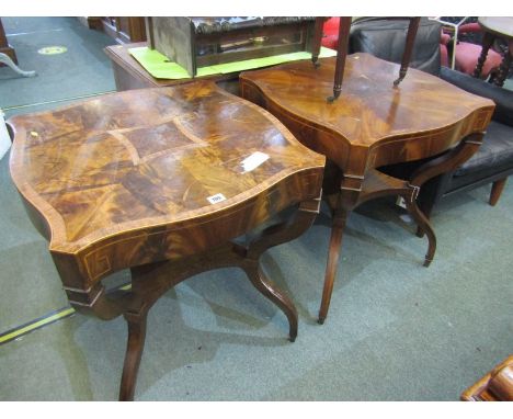 CONTINENTAL DESIGN OCCASIONAL TABLES, pair of cross banded flame mahogany quatrefoil top occasional tables, shelf base on 4 i