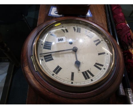 CIRCULAR WALL CLOCK, in stained beech frame, enamel dial &amp; Roman numerals, 15" diameter 