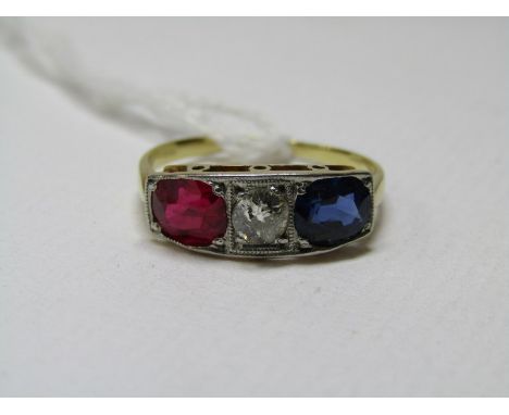 VINTAGE 18ct YELLOW GOLD &amp; PLATINUM RUBY SAPPHIRE &amp; DIAMOND 3 STONE RING, principal old cut diamond with oval cut sap