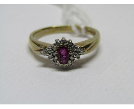 9ct YELLOW GOLD RUBY &amp; DIAMOND CLUSTER, principal oval cut ruby surrounded by brilliant cut diamonds, size L 