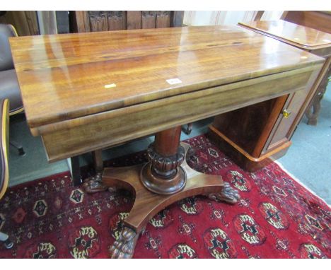 REGENCY CARD TABLE, a rosewood veneered rectangular form folding card table on column support &amp; quatra form base with lio