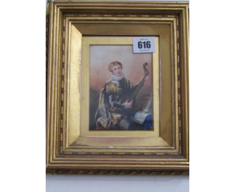 ANTIQUE PORTRAIT, oil on ivory panel "The Lutenist", 4.5" x 3.5" 