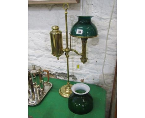 LIGHTING, brass circular bases patent oil lamp with 2 green glass shades, 21" height 