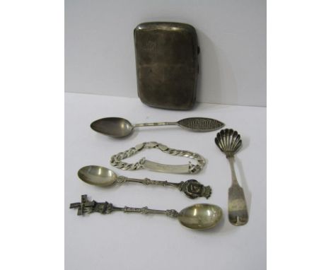 SILVER CIGARETTE CASE, a Hm silver cigarette case with engine turned decoration, silver identity bracelet &amp; 4 assorted sp