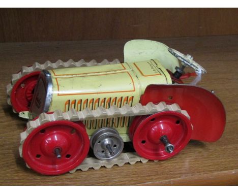 TIN PLATE CATERPILLAR TRACTOR, clockwork mechanism by Gescha 