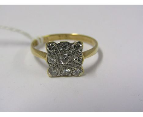 18ct YELLOW GOLD DIAMOND CLUSTER RING, 9 Small well matched diamonds in square form, size 'L' 