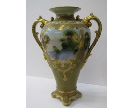 NORITAKE-STYLE VASE, twin gilt handled inverted baluster 11" vase decorated with reserves of riverscapes 