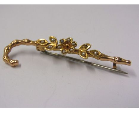 UNUSUAL GOLD PEARL SET WALKING STICK BROOCH, 15ct yellow gold 