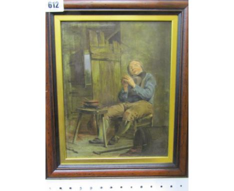 19th CENTURY CONTINENTAL SCHOOL, oil on board "Portrait of seated workman", 9.5" x 7" 