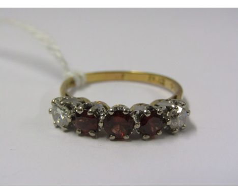 18ct 5 STONE GARNET &amp; DIAMOND RING, 3 principal garnets set with diamond to each side, total diamond weight of approx 0.5