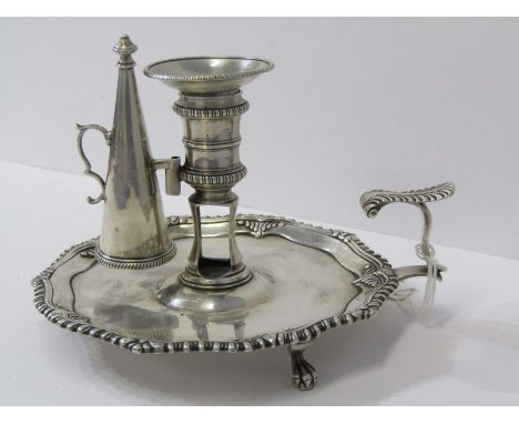 GEORGE III SILVER CHAMBER STICK, with gadrooned border on 3 lion paw feet, London HM 1770, 6.5" diameter, 342 grams over 11oz