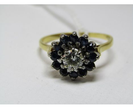 18ct YELLOW GOLD SAPPHIRE &amp; DIAMOND CLUSTER, principal brilliant cut diamond approx 0.3 ct of good colour and clarity, su