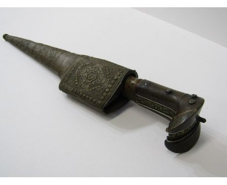 EASTERN DAGGER, with painted brass hilt in wood &amp; plated scabbard, 13" 