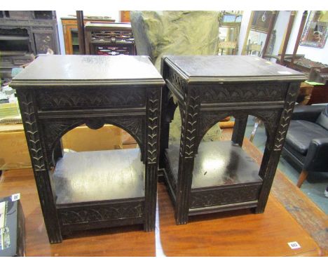 FLEMISH VASE STAND, pair of carved oak square top vase stands, 20" height 