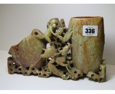 SOAPSTONE CARVING, a twin spill vase with centre decorated Monkeys, Deer &amp; Birds, 10" width 