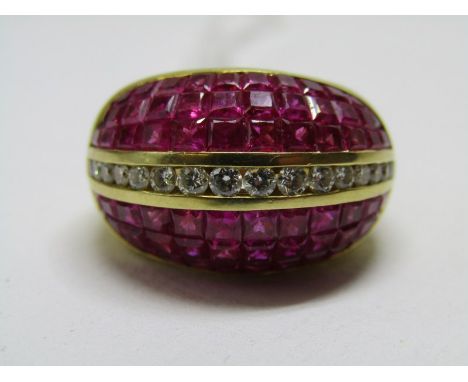 18ct YELLOW GOLD RUBY &amp; DIAMOND BOMBE DESIGN CLUSTER, approx 5cts of well matched princess cut rubies, seperated by a lin
