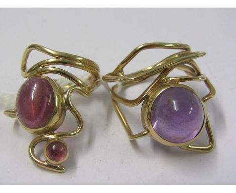 TWO 9CT STONE SET RINGS, of organic form, one set cabochon cut amethyst the other also amethyst 