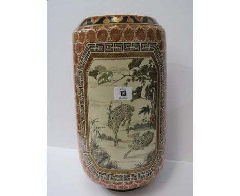 ORIENTAL CERAMICS, Satsuma cylindrical 14" vase decorated with reserves of cranes and spotted deer (provenance label on base)