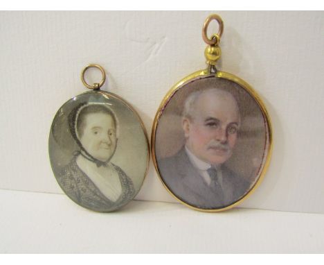 VICTORIAN OVAL PENDANT PORTRAIT MINIATURE, of Lady with black lace collar, together with Edwardian portrait painted miniature