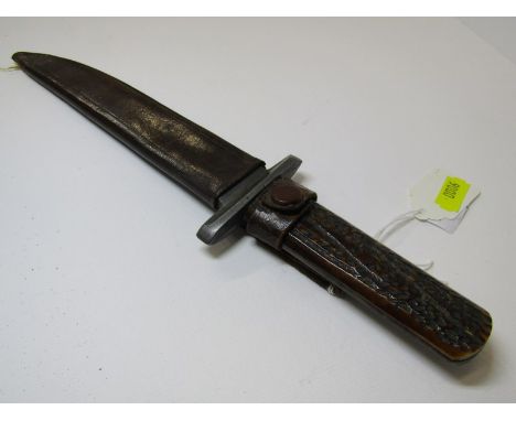 EARLY BOY SCOUT KNIFE, with steel blade inscribed "Scout Knife, Sheffield, England" with antler handle in leather scabbard 