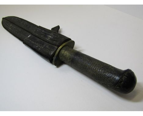 ANTIQUE STEEL BLADED DAGGER, with brass mounts &amp; hardwood handle in leather scabbard 